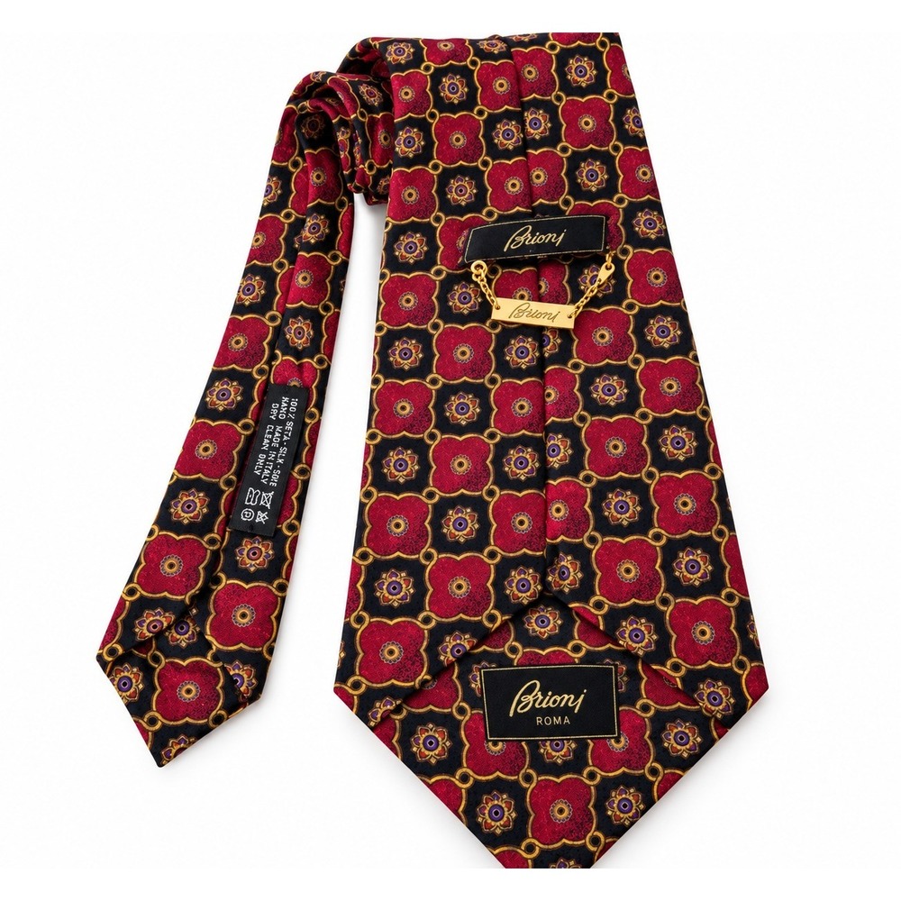 Brioni Roma Men's 100% Silk Tie Handmade Italy Burgundy Geometric Medallion